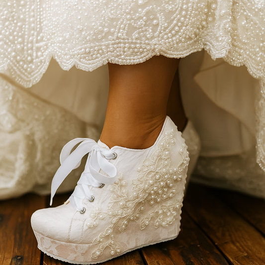 Zapatos De Novia Con Encaje y Perlas Bordadas y Perla Trasera