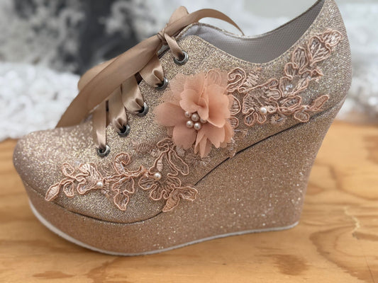 Plataforma Glitter Oro Rosa Novia | Tenis Cuña Elegante