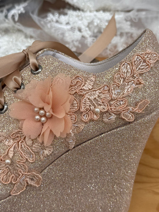 Plataforma Glitter Oro Rosa Novia | Tenis Cuña Elegante