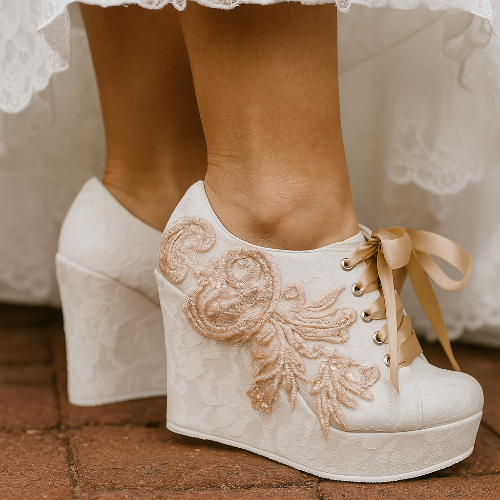 Zapatos de novia de plataforma con encaje y aplicaciones bordadas en tono rosa oro