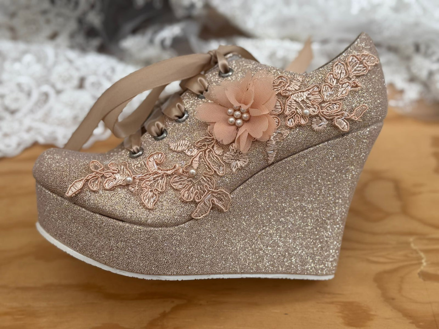 Plataforma Glitter Oro Rosa Novia | Tenis Cuña Elegante
